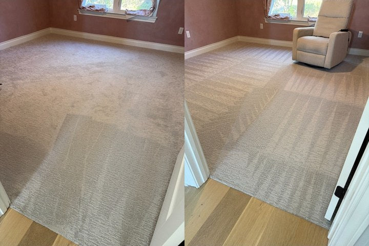Bedroom carpet before and after deep cleaning in Southern Oregon, gray matted carpet restored by True North Carpet Care